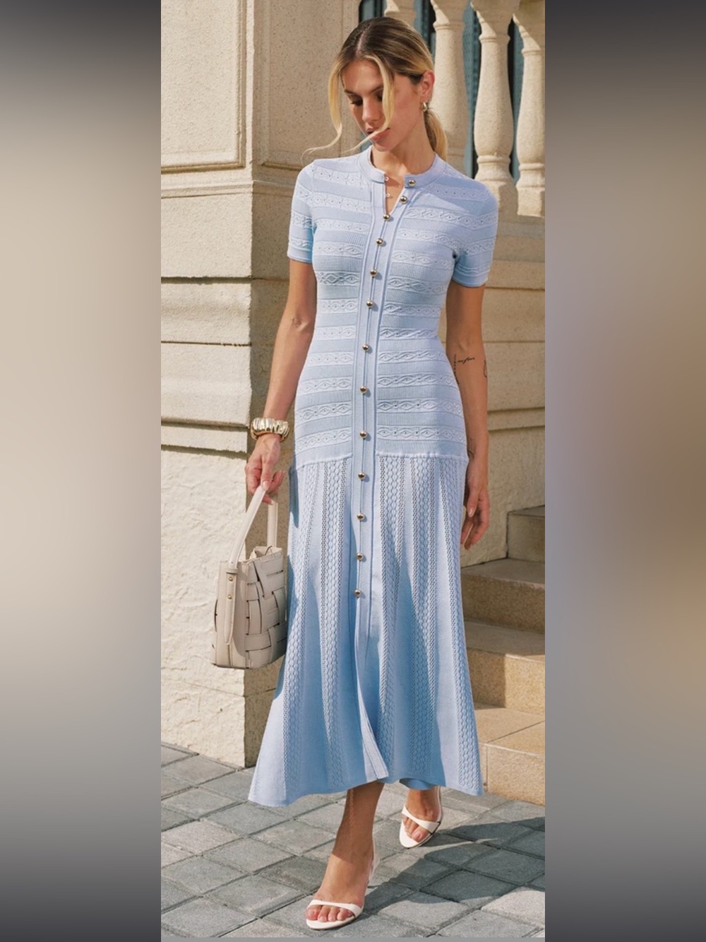 Commense Light Blue Button-Front Knit Maxi Dress